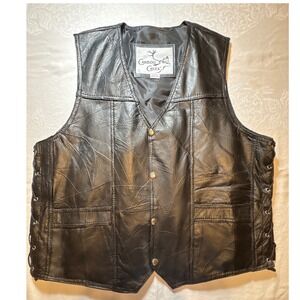 Caribou Creek Mens XXL Black Patchwork Leather Biker Vest Side Lace Up Snap